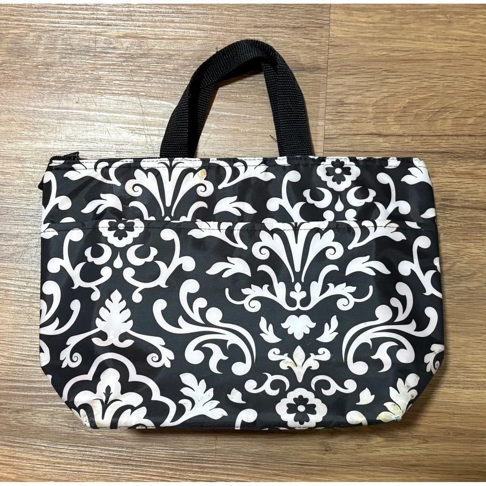 Thirty-One Thermal Tote Insulated Lunch Bag Black White Damask Print Pocket